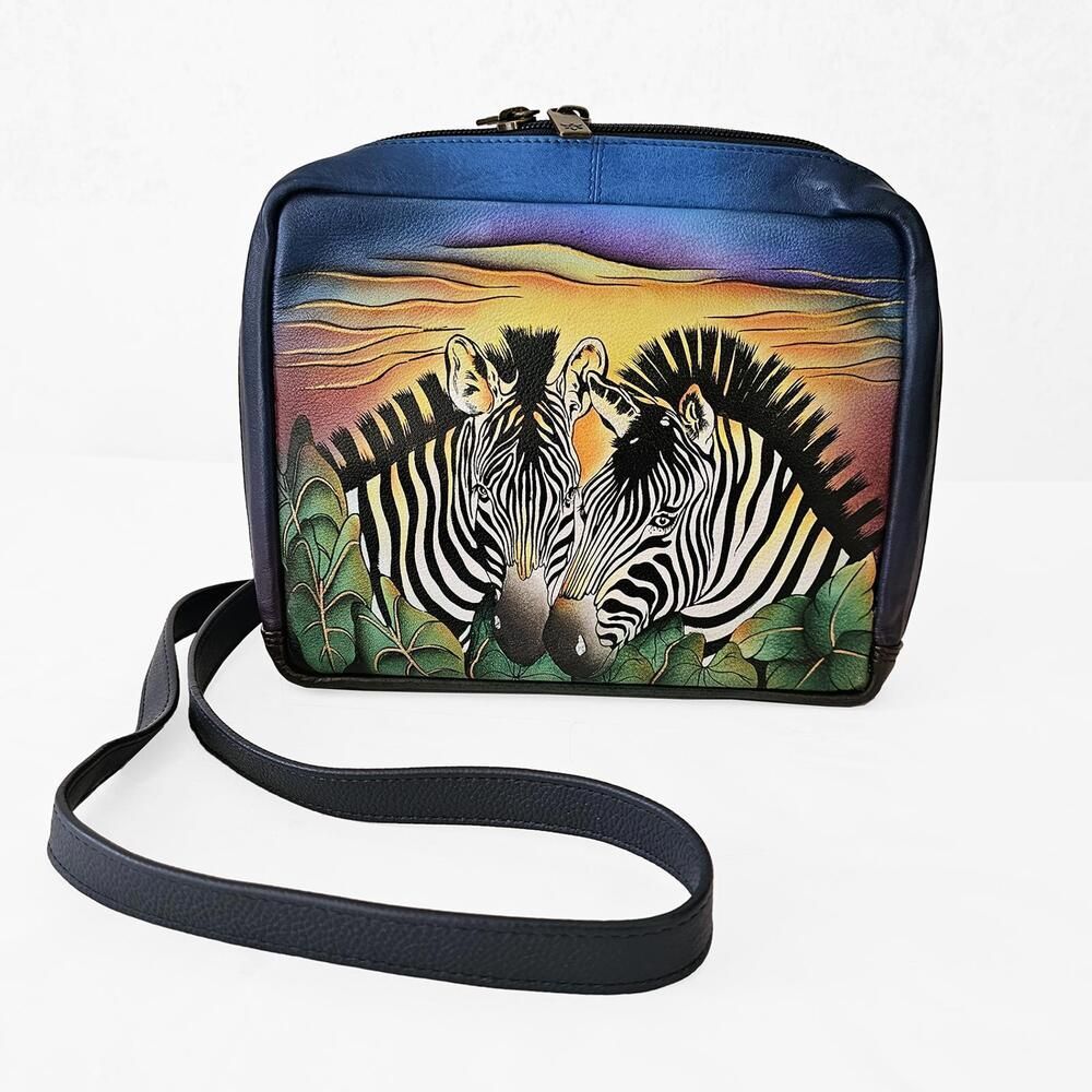 Anuschka Hand-Painted Zebra Design Leather Crossbody Bag